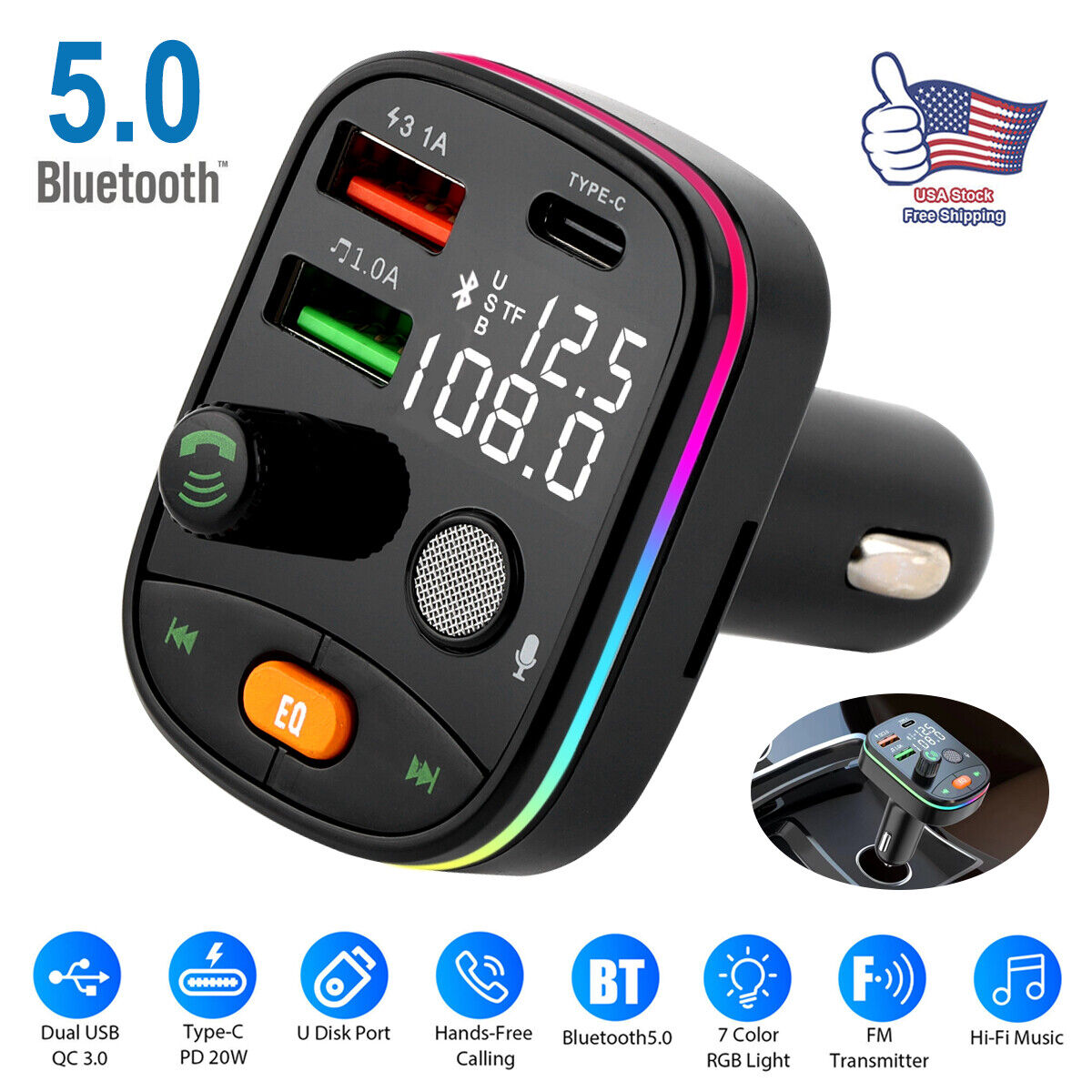 Bluetooth5.0 Car Wireless FM Transmitter Adapter USB PD Charger AUX Hand-Free US