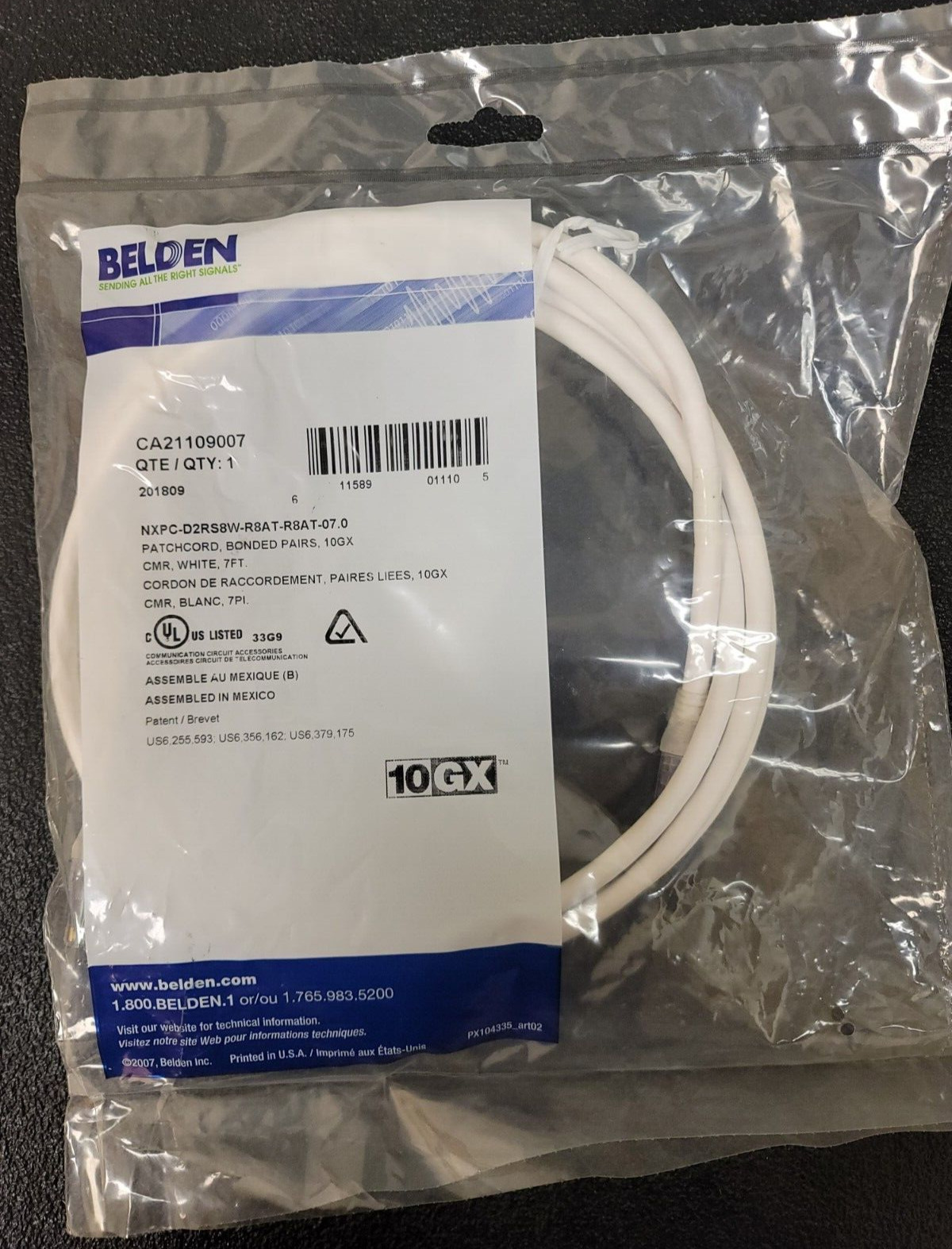 Belden Cat6A 7 FT Patch cord 24AWG 625Bonded Pair 10GX White - RJ45 CA21109007