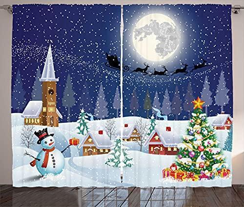 Ambesonne Christmas Curtains, Winter Season Snowman Xmas Tree Santa Sleigh Moon