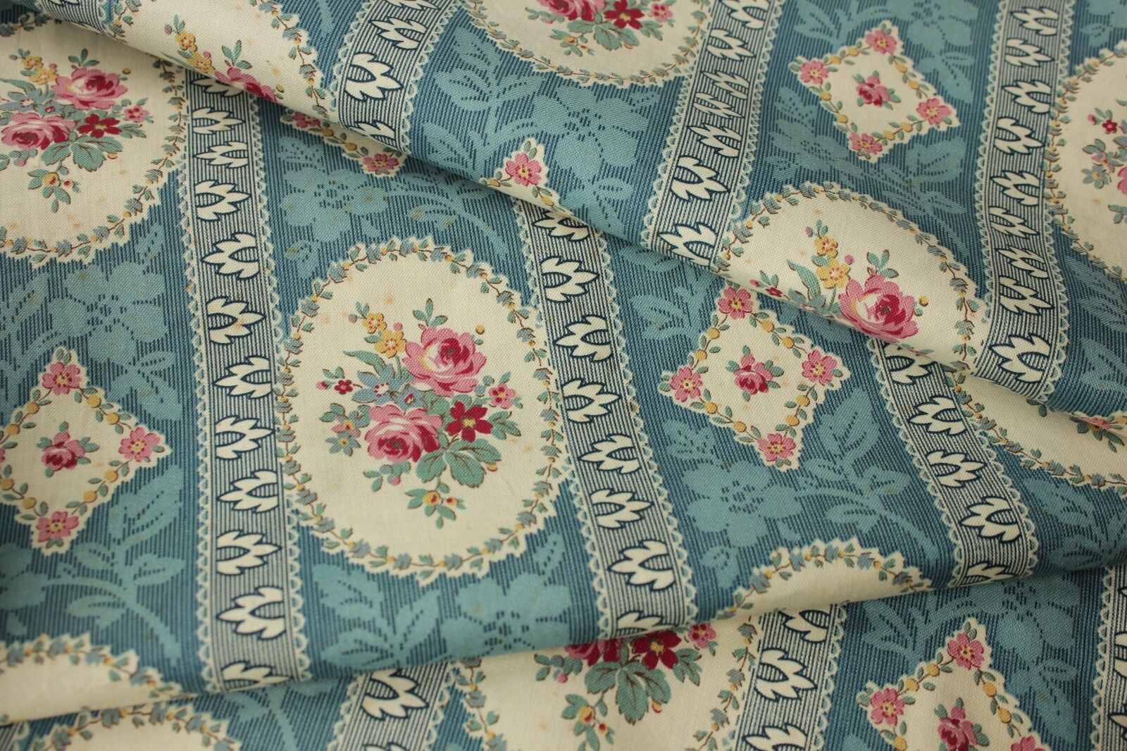 Antique French UNUSED fabric floral stripe c 1900 material blue rose printed old