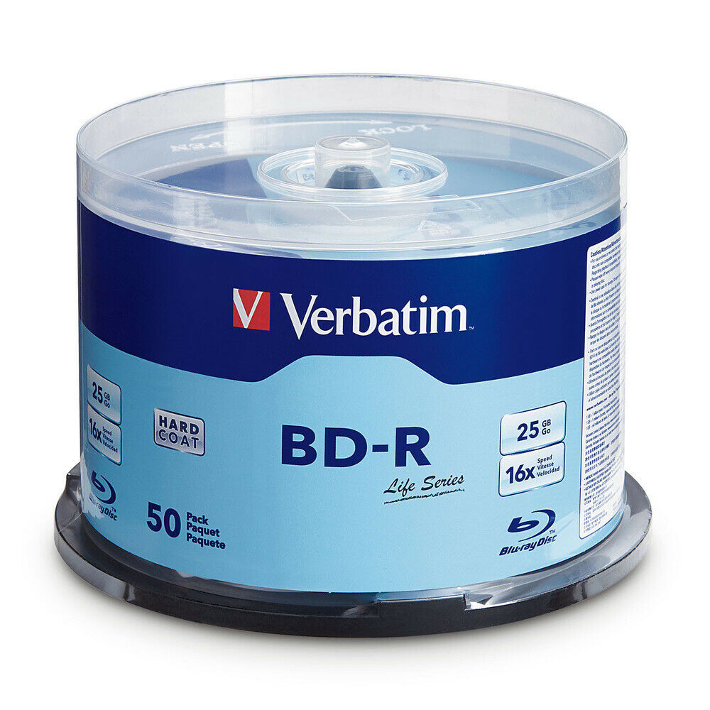 50 pk VERBATIM 16X Blu-Ray Life Series BD-R 25GB Branded Logo Spindle Disc 98172
