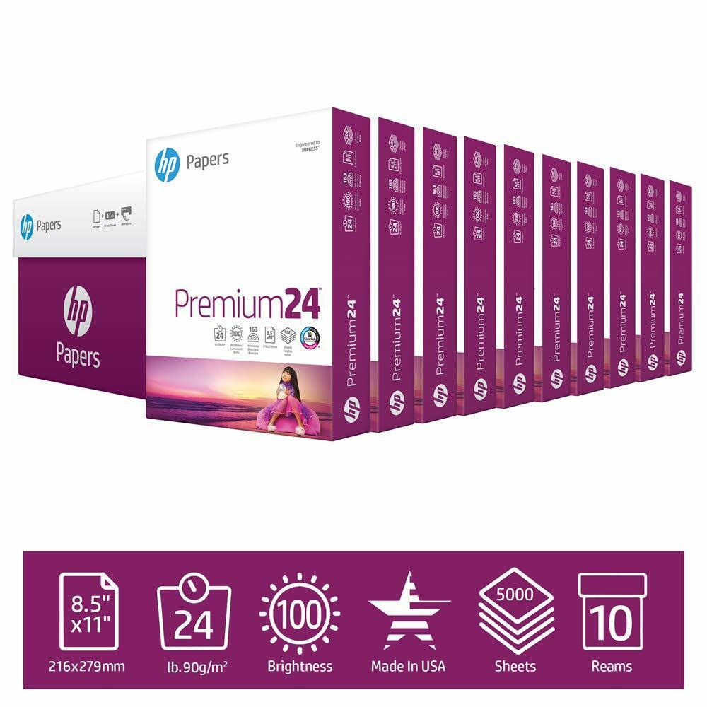 HP Printer Paper Premium 24lb, 8.5x11, 100 Bright, 10 Ream Case, 5,000 Sheets