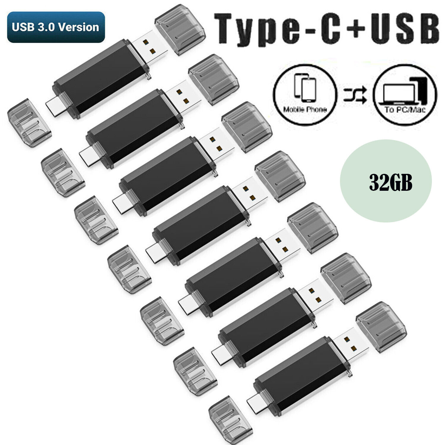 Kootion Lot 1/ 5/10 Pack USB 3.0 32GB Dual Type-C USB Flash Drives Memory Sticks