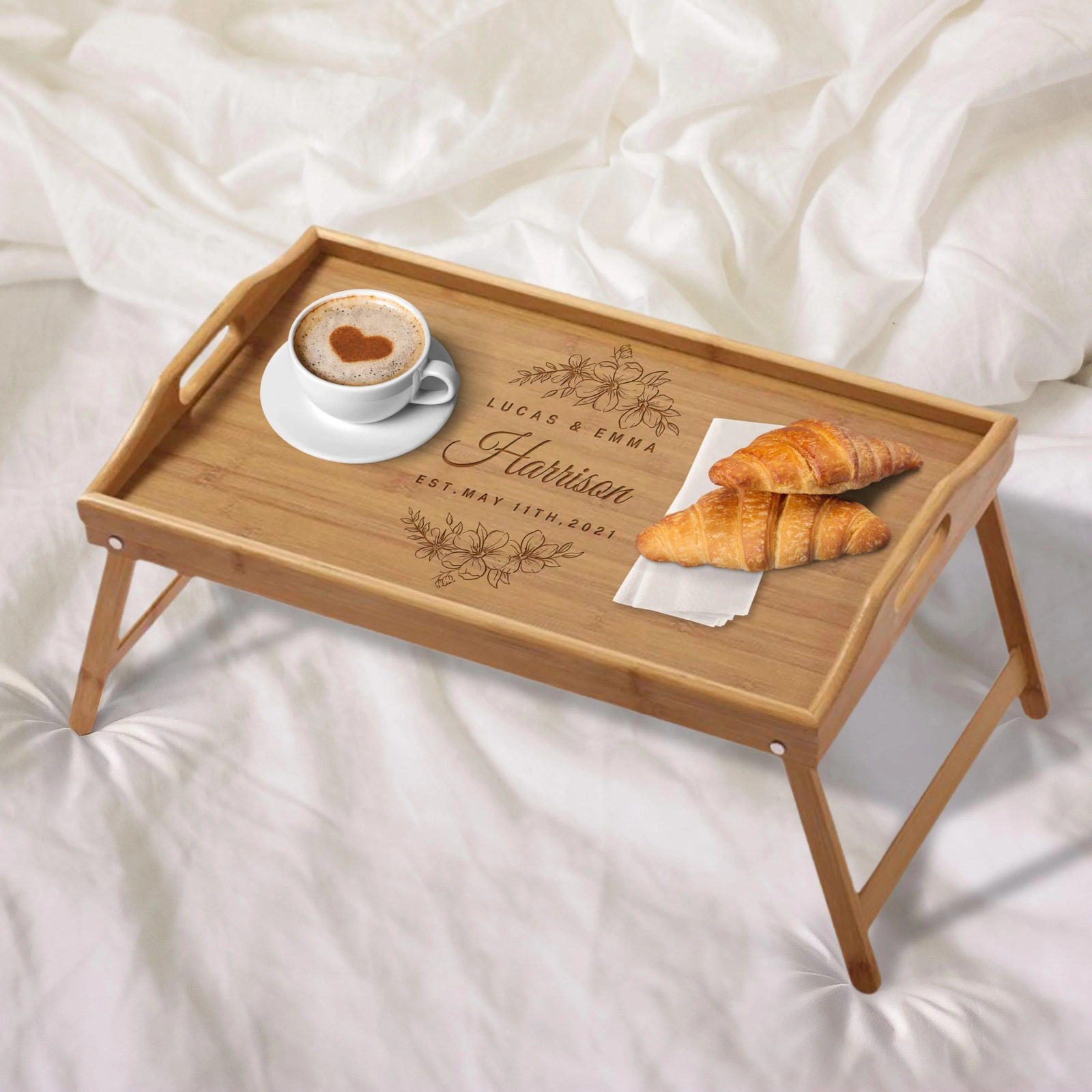 Engraved Foldable & Portable Bamboo Bed Tray Table