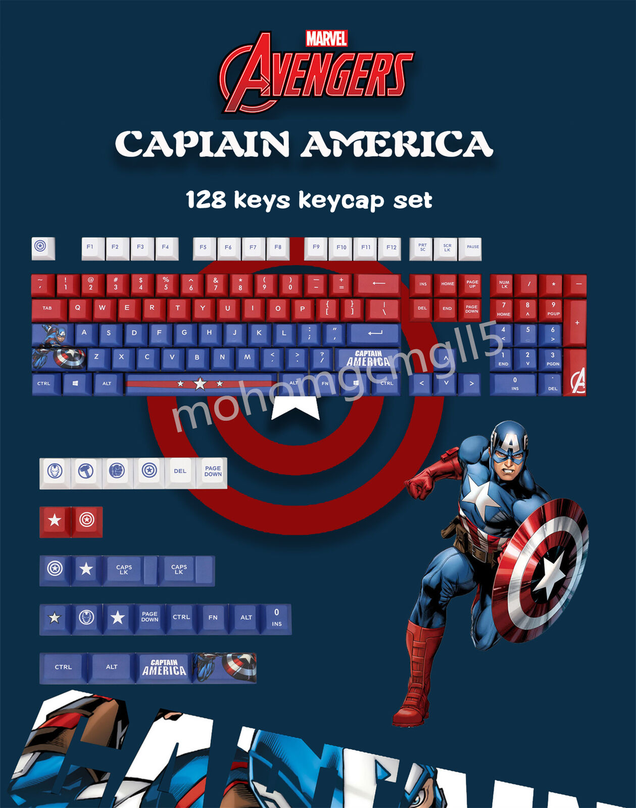 Captain America Keycaps Set PBT Cherry Height for Mechanical Keyboard 128 Keys