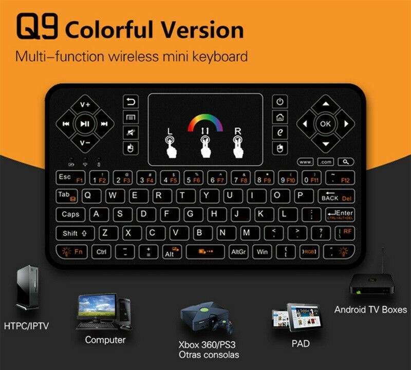 Q9 RPG 7-Color Backlight 2.4GHz USB Mini Wireless Keyboard Remote+Touch Mousepad