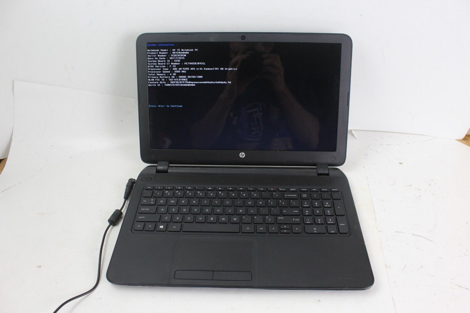 AS IS PARTS hp 15 notebook pc AMD a6-5200 4GB RAM NO HDD