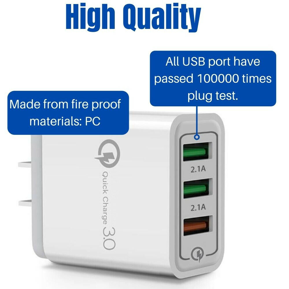 3 Port USB Fast Wall Charger QC3.0 Adapter Cable For iPhone 14 13 12 11 XR 8 7 6