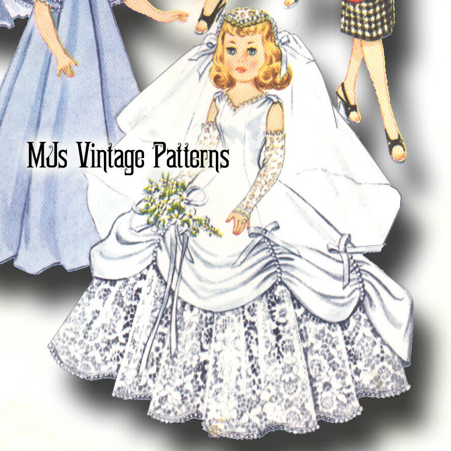 Vtg 50s Doll Clothes Pattern Wedding Dress 20\