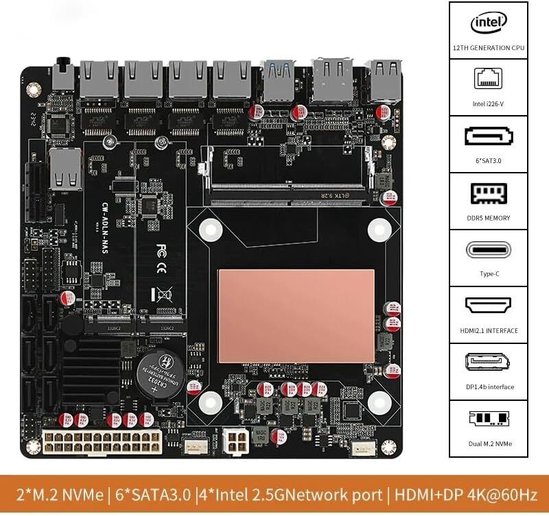 N100 Industrial Motherboard NAS 4 Cores 4   4x2.5G 226-V Dual M.2 Slot 6xSATA