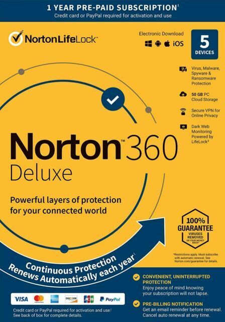 NORTON 360 DELUXE 2024 ANTIVIRUS INTERNET SECURITY 5 DEVICES 1 YEAR PREPAID VPN