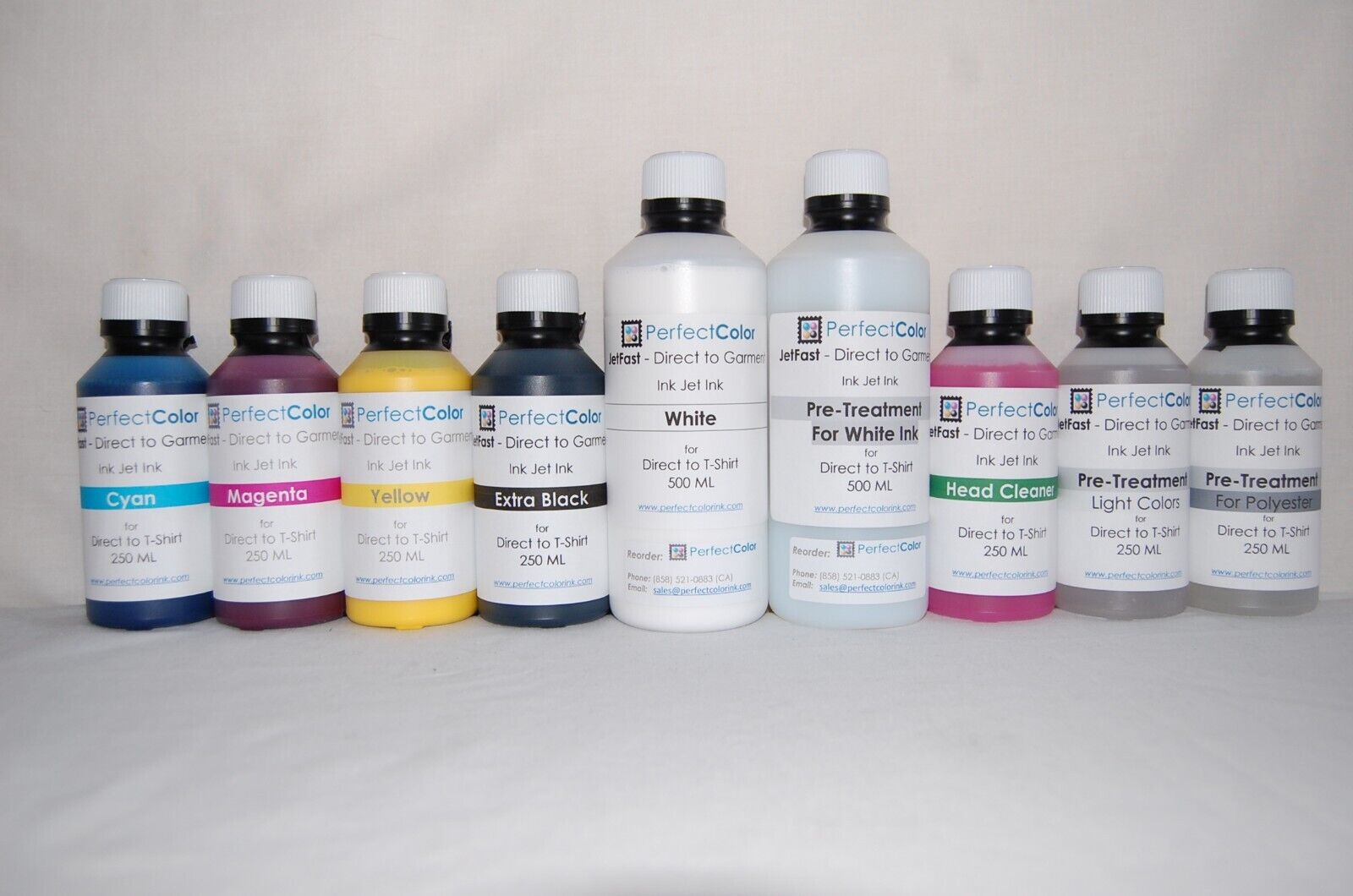 DTG Ink Set, 9 Bottle Perfect Color - 250 ml Ea CMYK/HC/PTL/PTP 500ml White/PTW