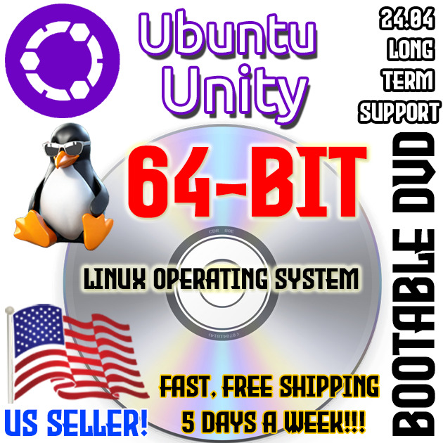 Linux Ubuntu Unity 24.04 Long Term Support OS DVD or USB Live Boot NEW