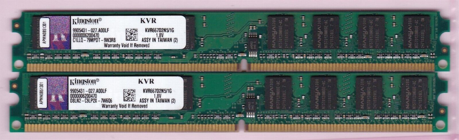 2GB 2x1GB PC2 5300 DDR2-667 KVR667D2N5/1G KINGSTON NANYA MEMORY KIT LOW PROFILE
