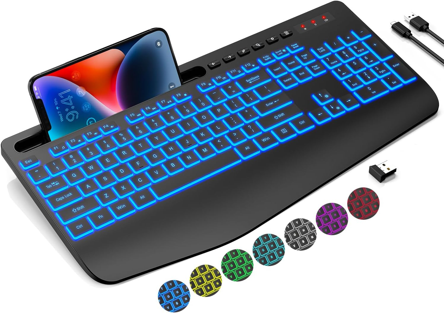 Trueque Wireless Keyboard with 7 Colored Backlits, Wrist Rest, Phone Holder, Rec
