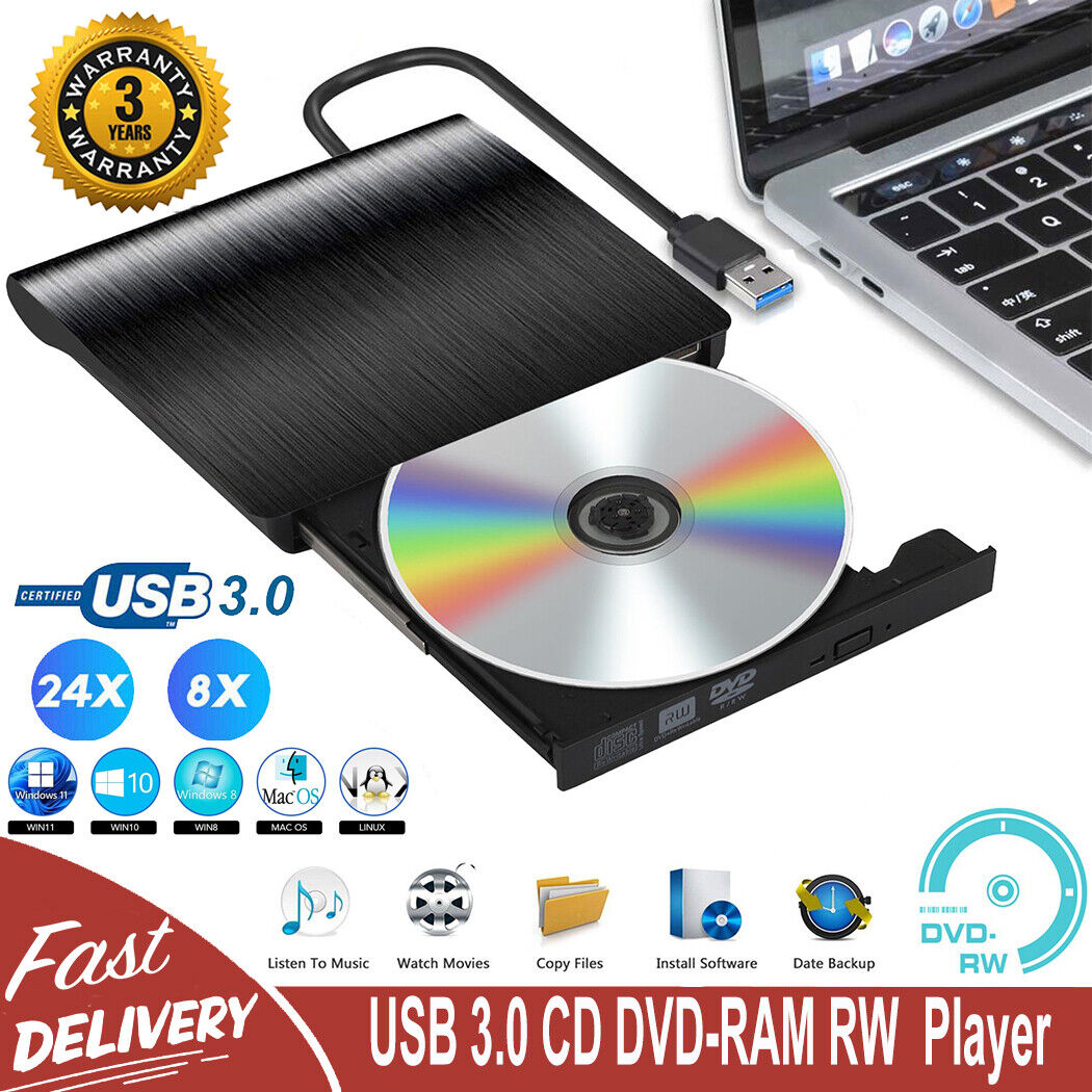 USB 3.0 Slim External CD DVD Drive Disc Player Burner Writer For Laptop PC Mac