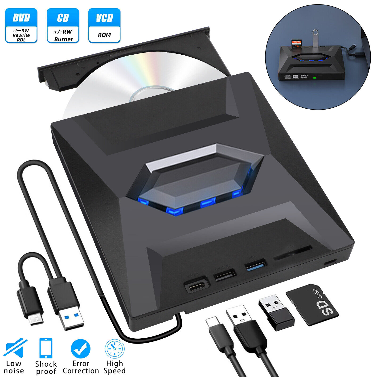 External CD DVD Drive USB 3.0 Writer Burner Player for PC Laptop Windows 11 10