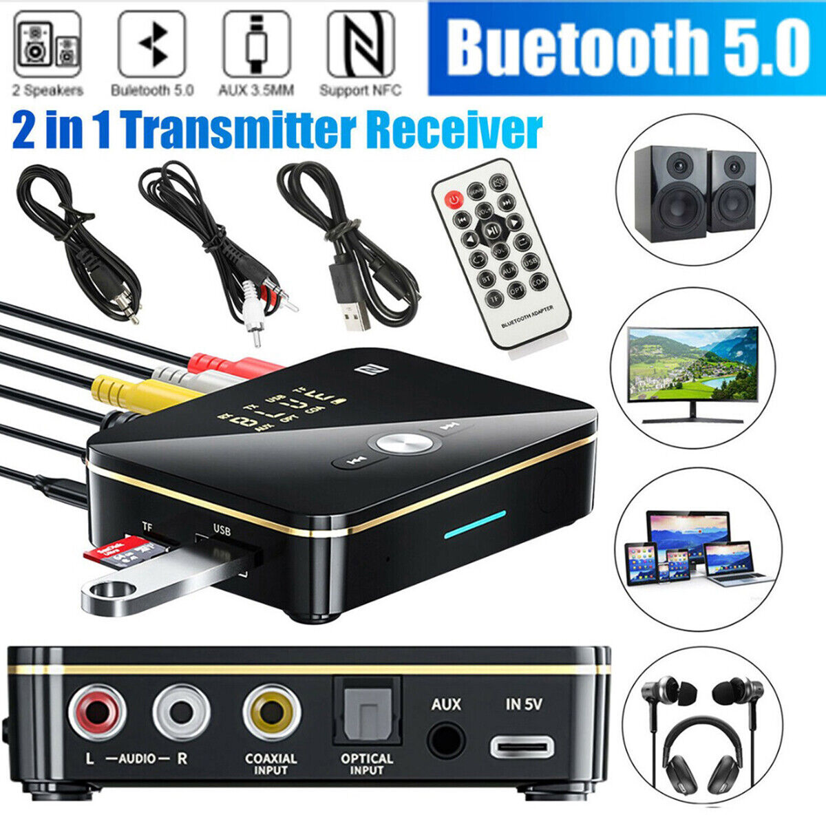 USB NFC Bluetooth 5.0 Wireless Transmitter Receiver to 2RCA Stereo Audio Adapter