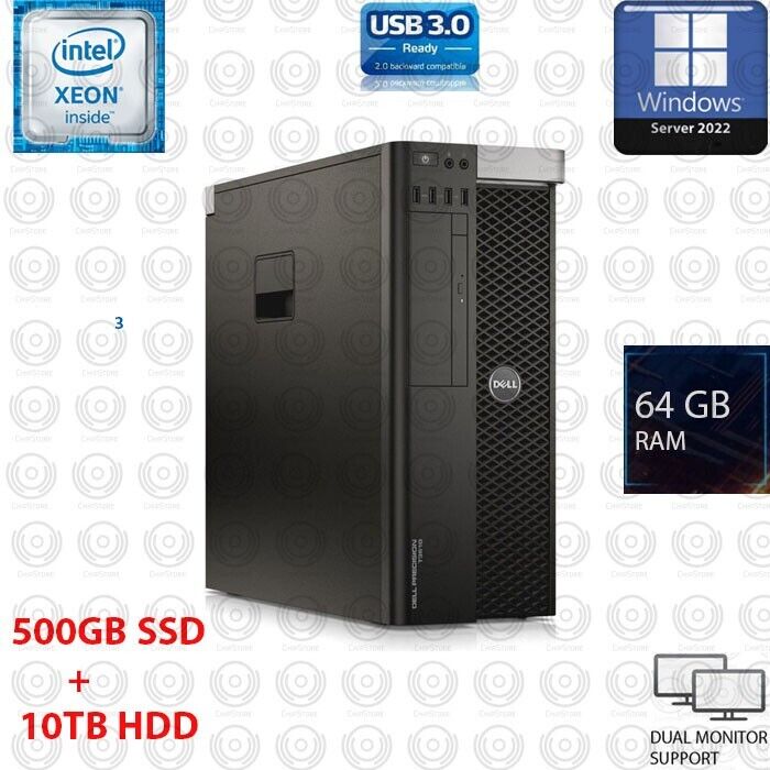 Dell Precision Tower Server 6 Core Xeon 64GB 500G SSD + 10TB Window Server 2022