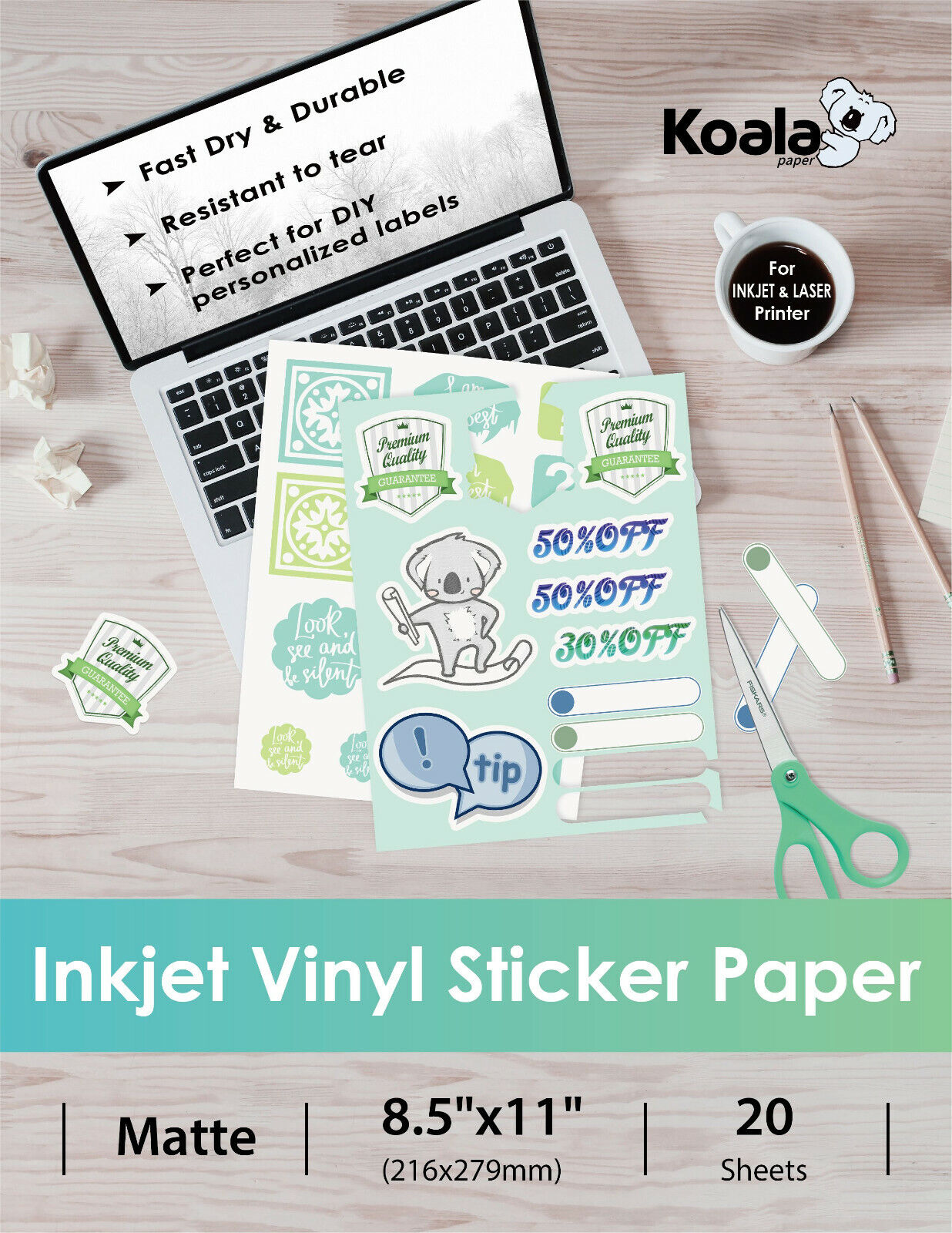 Koala Printable Vinyl Sticker Paper for Inkjet Laser Cicut Waterproof White Matt