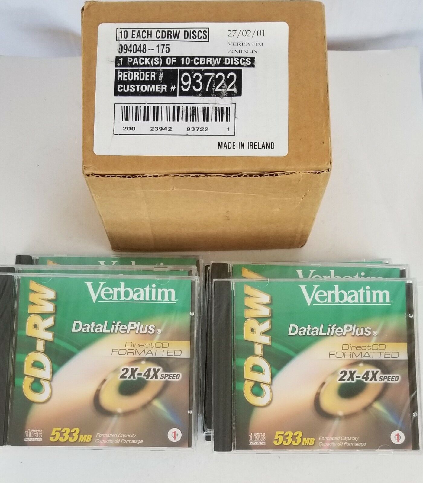 Box of 10 Verbatim CD-RW 2x-4x DataLifePlus Factory Sealed New