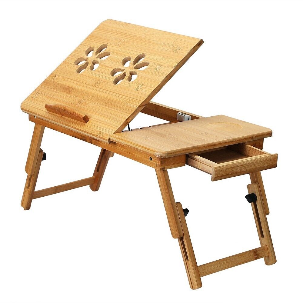 Adjustable Bamboo Laptop Serving Table Bed Tray Workstation W/Convenient Storage
