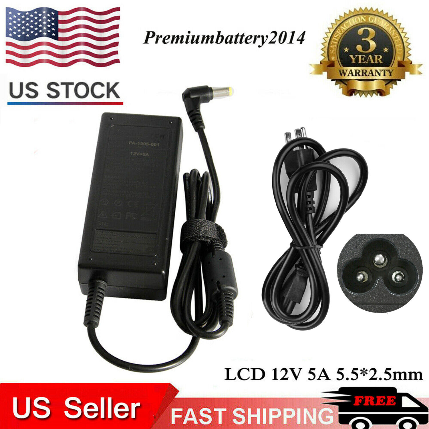 60W 12 Volt 5 Amp (12V 5A) DC AC Adapter Charger Power Supply Cord LCD Monitor 