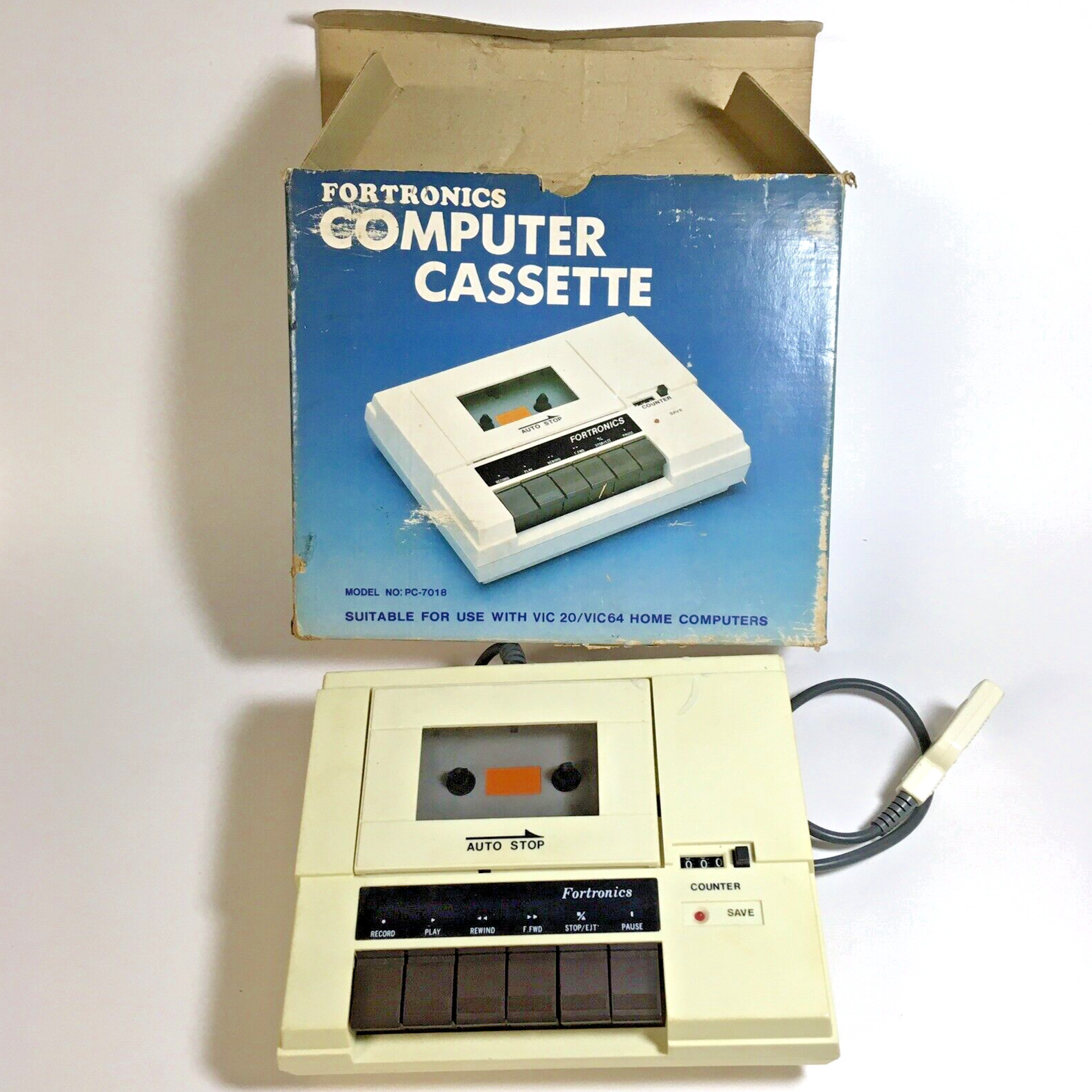 Fortronics PC-7018 Computer Cassette Data Unit w/ Box for VIC 20 VIC64 Vintage