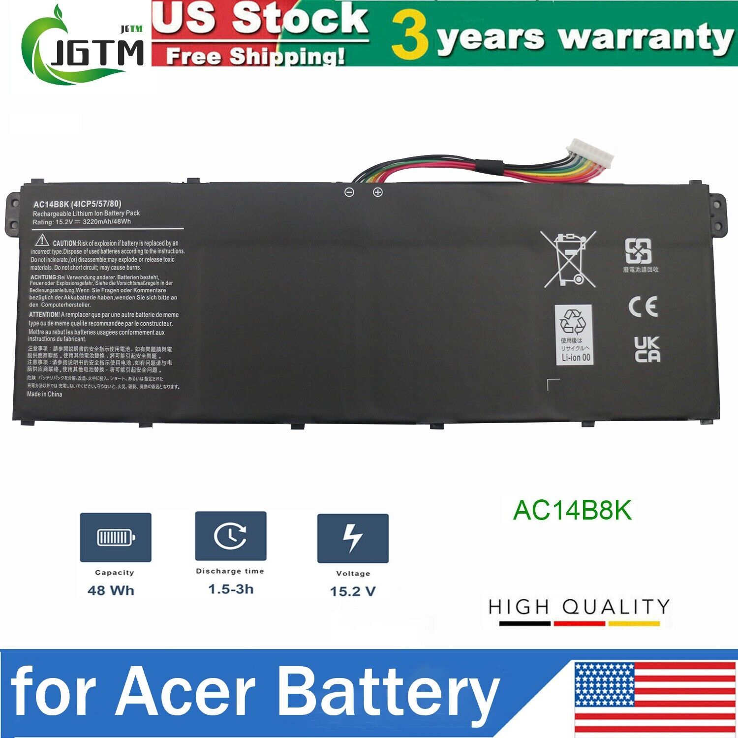 AC14B8K Laptop Battery For Acer Aspire R5-471T R5-571T R5-571TG N15W5 48Wh 15.2V