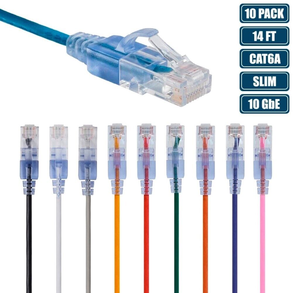 10 Pcs 14FT CAT6A RJ45 Slim Ethernet LAN Network Patch Cable Cord Multi Color