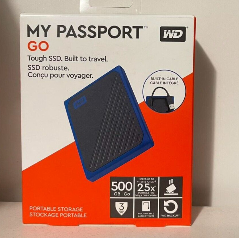 WD 500GB My Passport Go SSD Cobalt Portable External Storage, USB 3.0