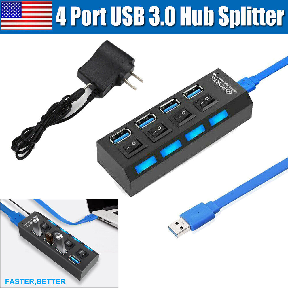 4 Port USB 3.0 Multi Hub Splitter High Speed ON/OFF Switch for Desktop Laptop PC