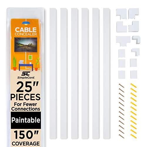 Simple Cord Cable Concealer On-Wall Cord Covers with 6, 25” Raceways – 150” 