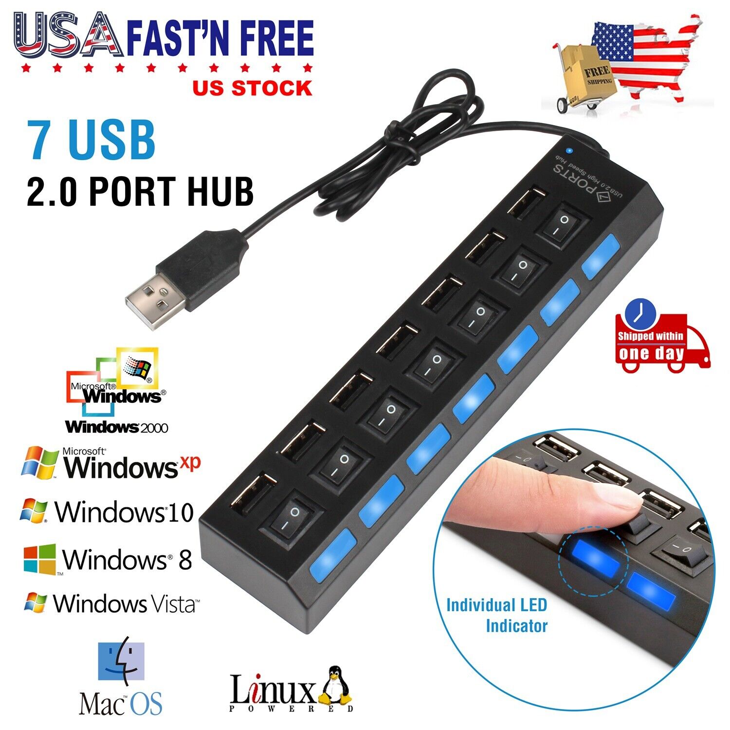 7-Port USB 2.0 Multi Charger Hub +High Speed Adapter ON/OFF Switch Laptop PC New
