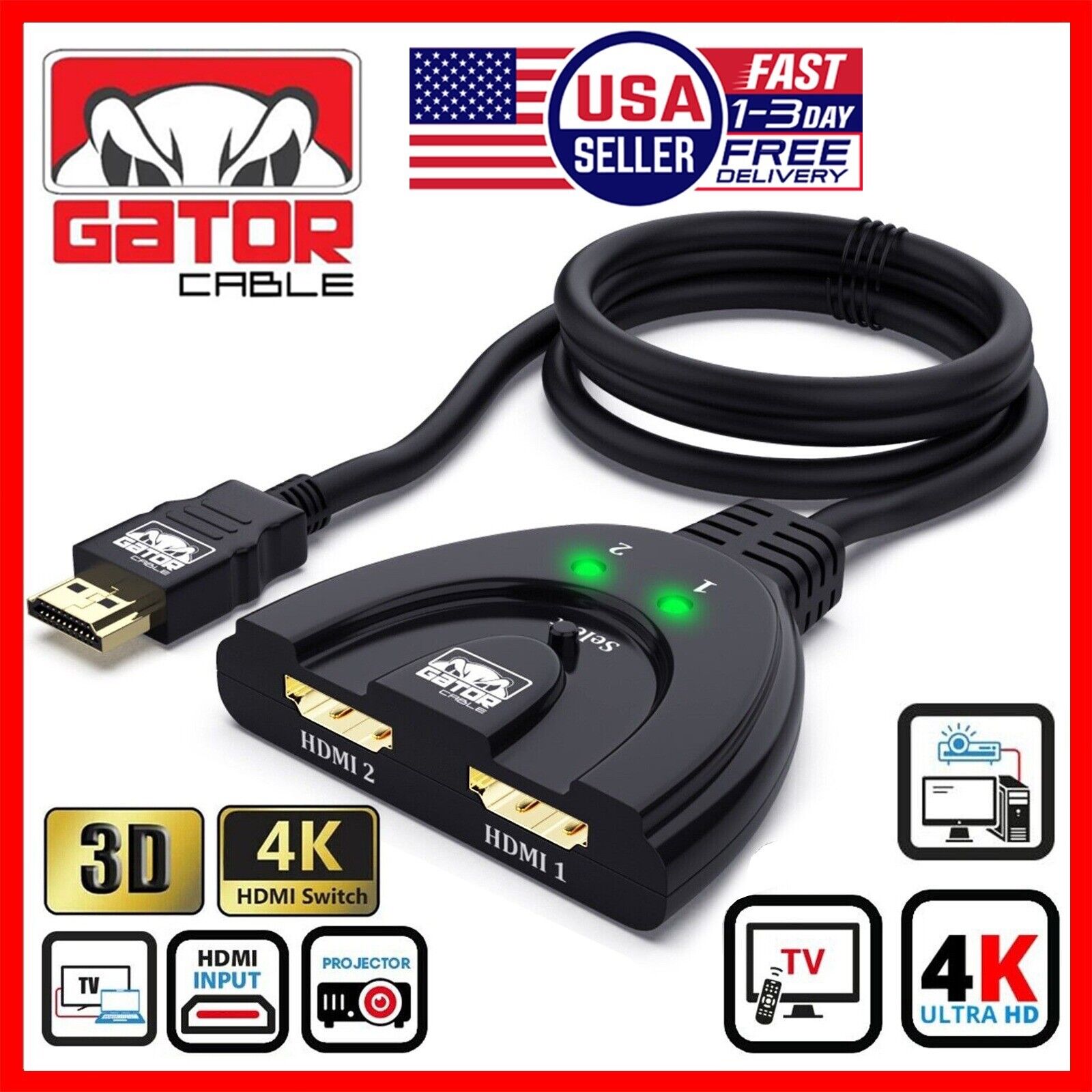 4K HDMI 2.0 Cable Auto Switch Switcher Splitter Adapter 2 In to 1 Out Devices