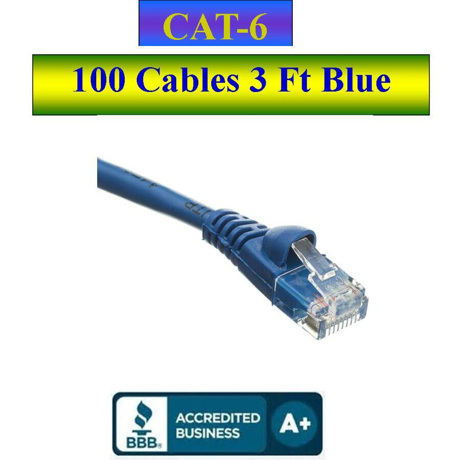 Pack of 100 Cables Snagless 3 Ft Cat6 Blue Network Ethernet Patch Cable