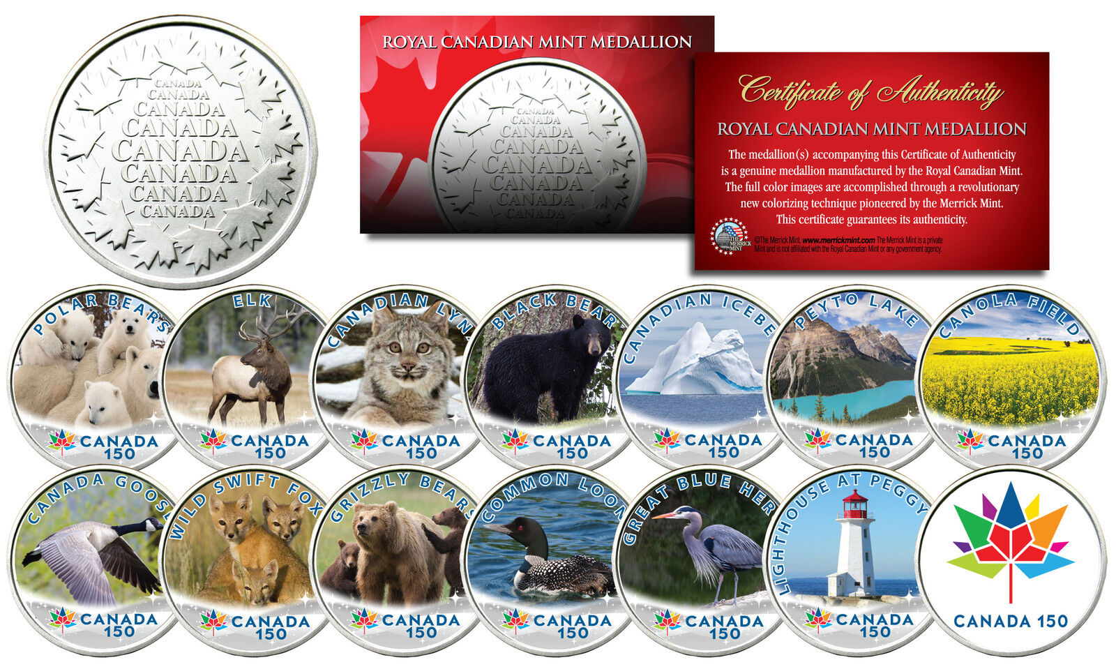 CANADA 150 ANNIVERSARY RCM Royal Canadian Color Medallions SET of 14 - WILDLIFE 