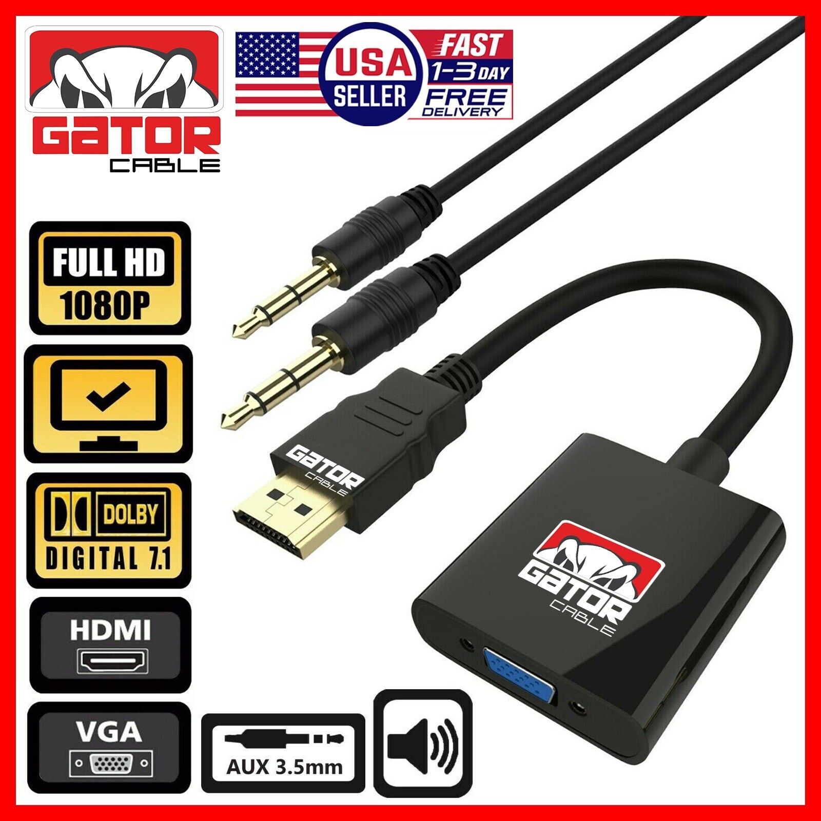 HDMI to VGA Adapter Video Audio with AUX 3.5mm Connector Cable Converter 1080P