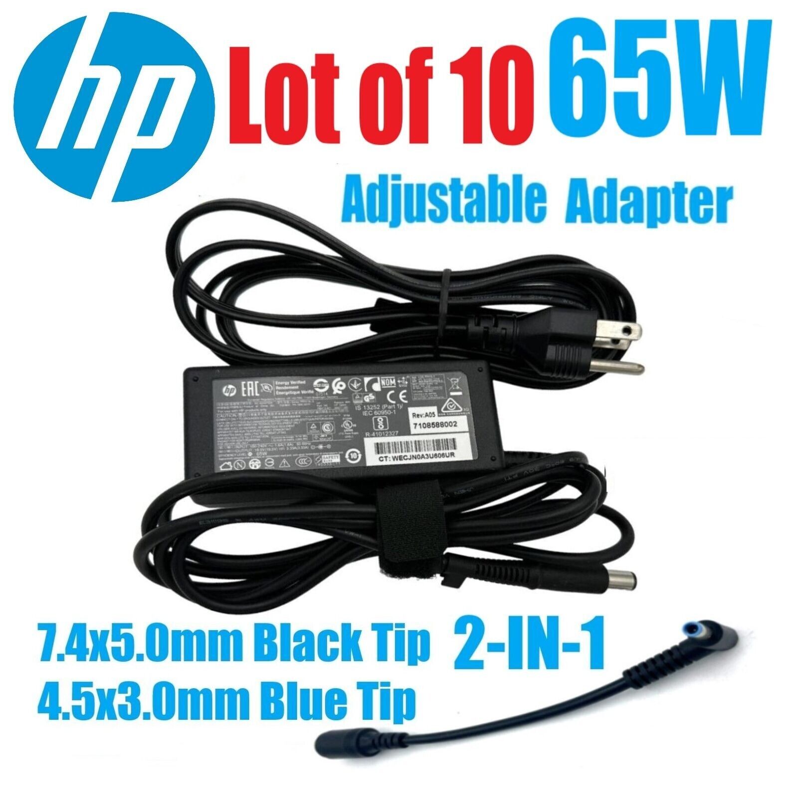 LOT OF 10 65W USB C Type Adapter Power Charger For HP Adjustable 4.5mm Blue Tip