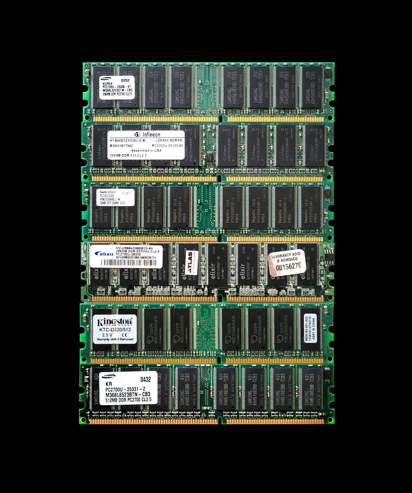 LOT of 6 (4-256MB) (2-512MB) PC2700 DDR-333MHz CL2.5 DIMM Mixed Memory Modules