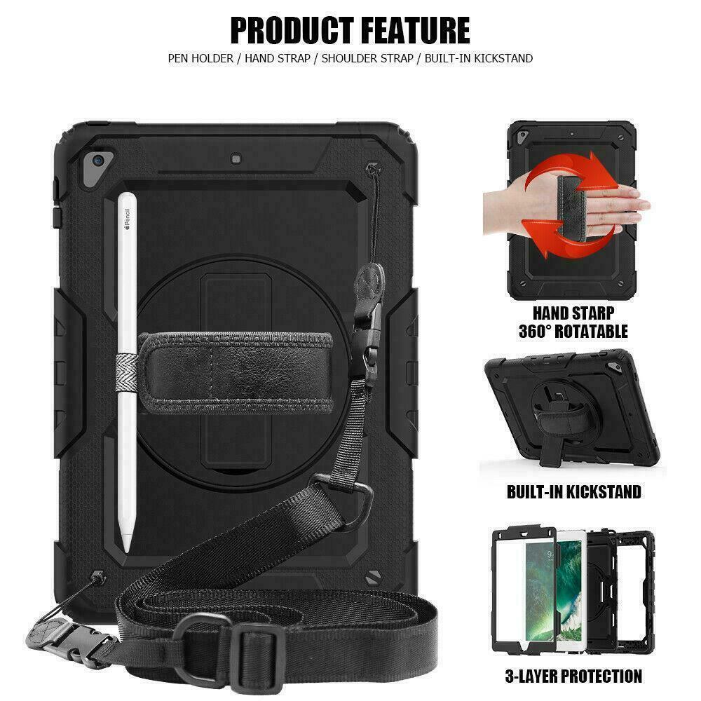 FULL-BODY Hybrid Armor 360 Rotating Stand & Strap For iPad 10.2'' 2019 7th Gen
