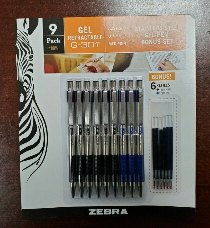 Zebra G-301 Gel Stainless Steel 9 Pen + 6 Refill Cartridge Black Blue Ink G301