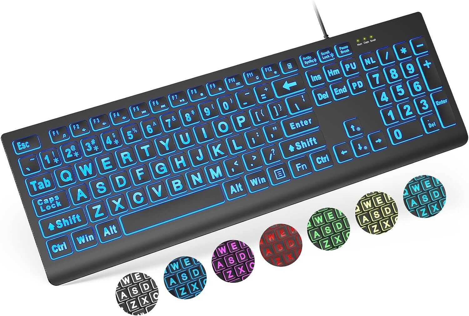 Large Print Backlit Keyboard, Wired USB Lighted Computer Keyboards with 7-Color