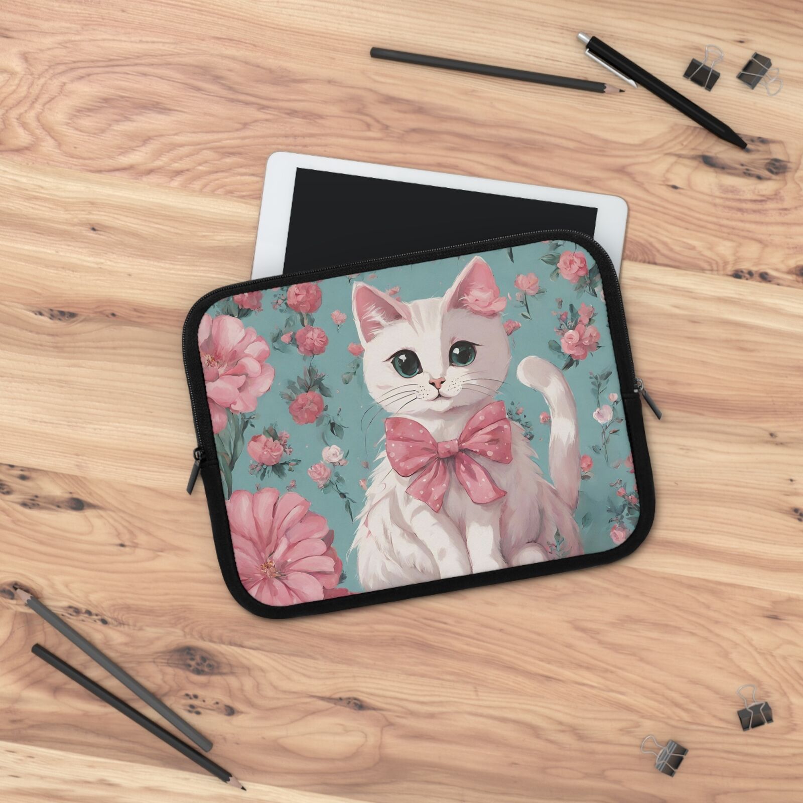 Cute Cat Laptop Sleeve, Floral Cat laptop case Vintage Victorian cat Laptop case