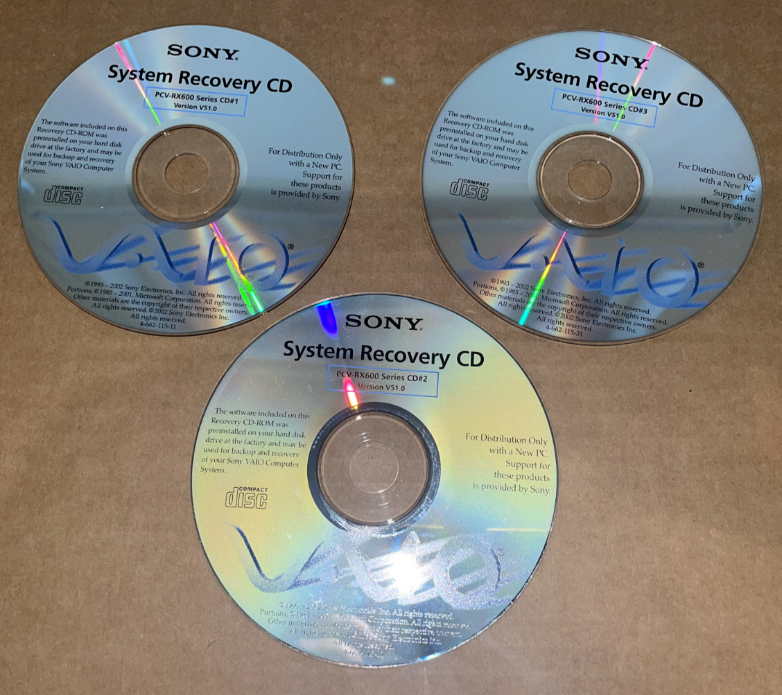 Sony VAIO Recovery Discs For PCV-RX600 FULL SET System Recovery CDs - 3 Disc Set