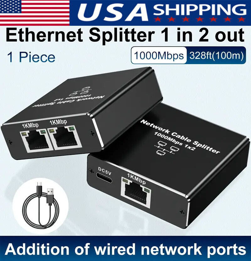 RJ45 Gigabit Ethernet Splitter 1000Mbps LAN Network Internet 1 to 2 Out Adapter