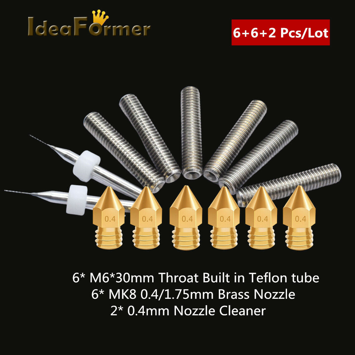 6Pcs M6*30 3D Printer Throat with PTFE Tube+6Pcs MK8 Nozzle+2Pcs Nozzle cleaner