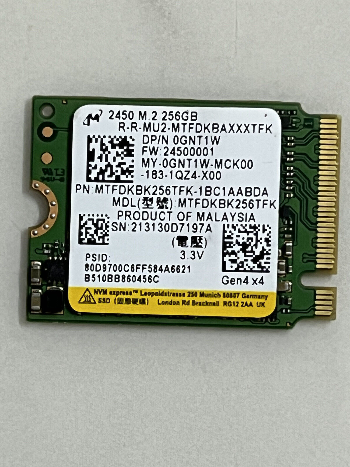 Micron 2450 M.2 2230 256GB PCIe Gen4x4 NVMe SSD MTFDKBK256TFK For DELL HP Laptop