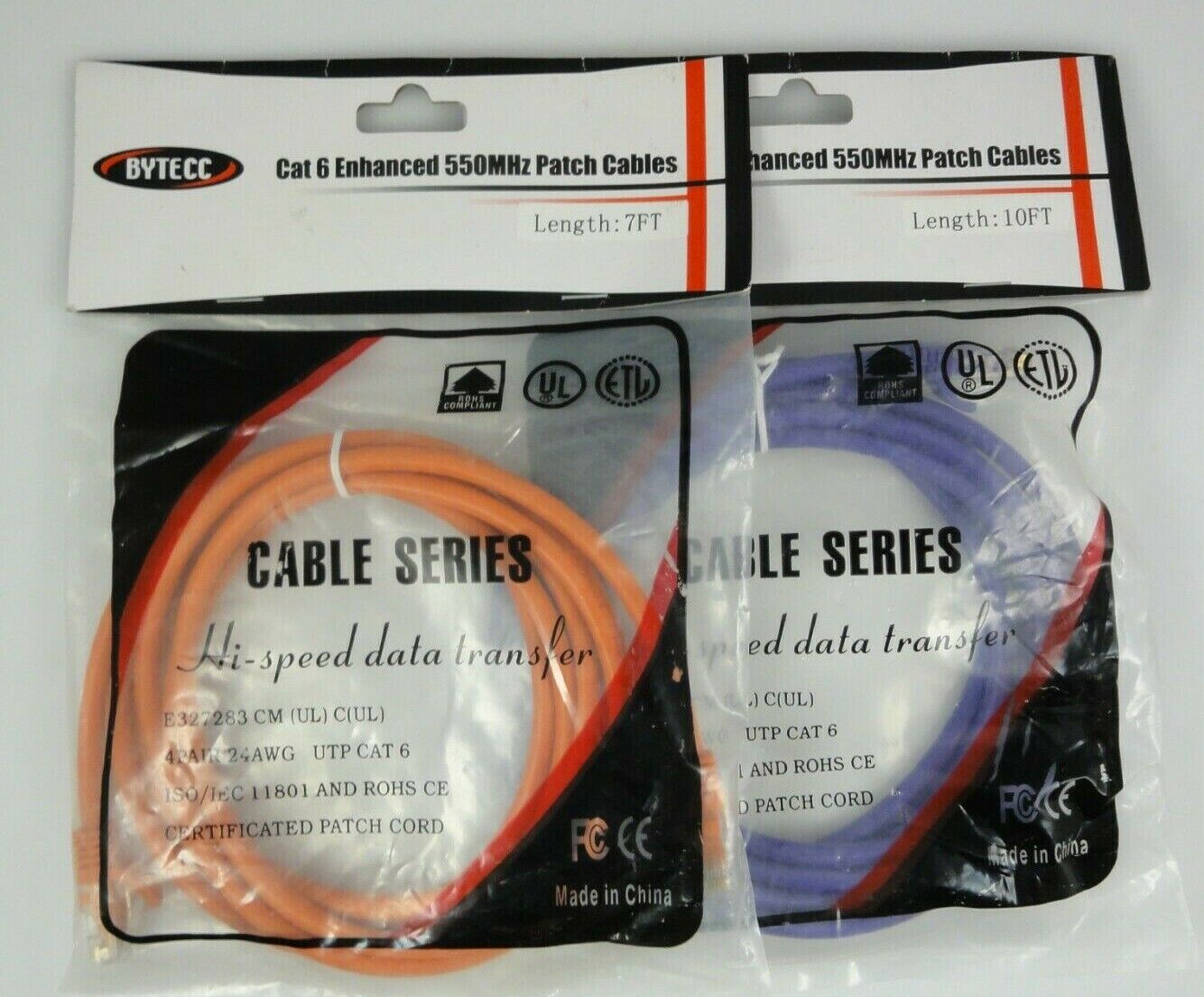Lot Of 2 Bytecc Cat 6 Enhanced 550MHz Patch Cables Purple 10 Ft & Orange 7 Ft