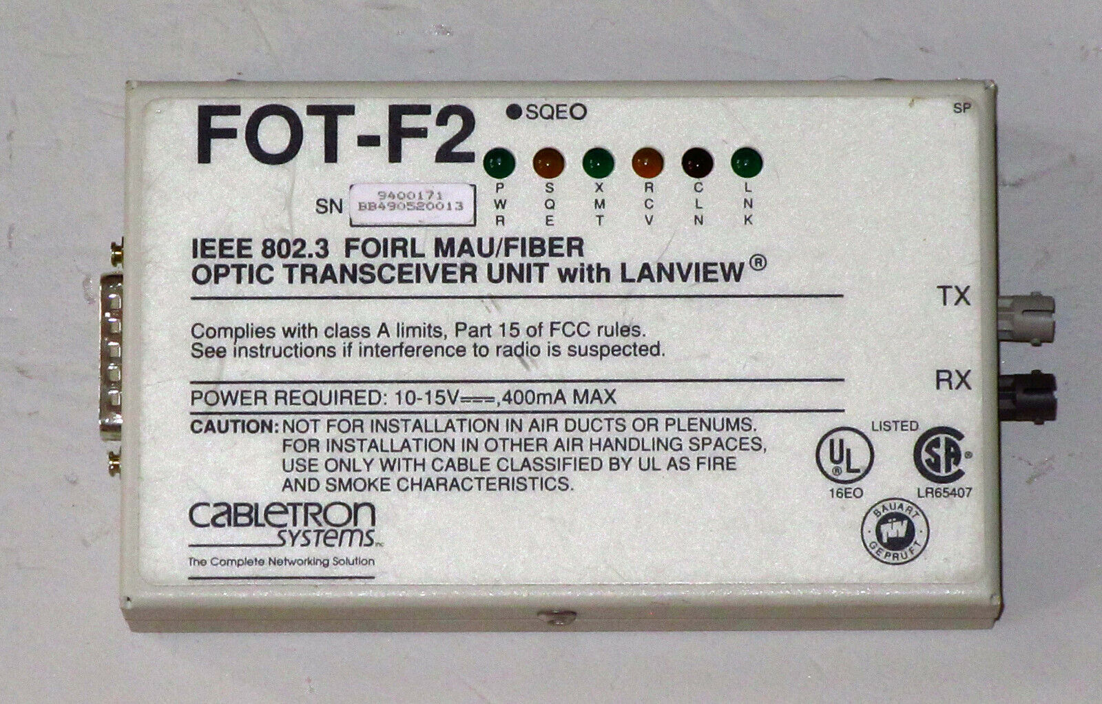 Cabletron FOT-F2 AUI to Fiber Optic (10Base-FL) Network Transceiver - Perfect
